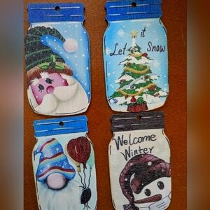 Set Of 4 Mason Jar Styled Wooden Christmas Ornaments